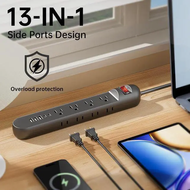 Alt view image 5 of 5 - Tepongofa Power Strip 5FT/10 FT, 13-in-1 Red Switch Power Strip with 8 Outlets 3 USB Ports(2 USB C), Side Plug Design, One-Key Mains Switch,Wall Mount for Home Office, White/Black (Black, 10FT)