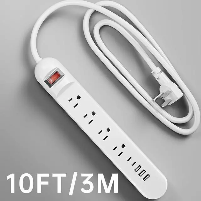 Alt view image 5 of 6 - Tepongofa Power Strip 5FT/10 FT, 13-in-1 Red Switch Power Strip with 8 Outlets 3 USB Ports(2 USB C), Side Plug Design, One-Key Mains Switch,Wall Mount for Home Office, White/Black (White, 10FT)