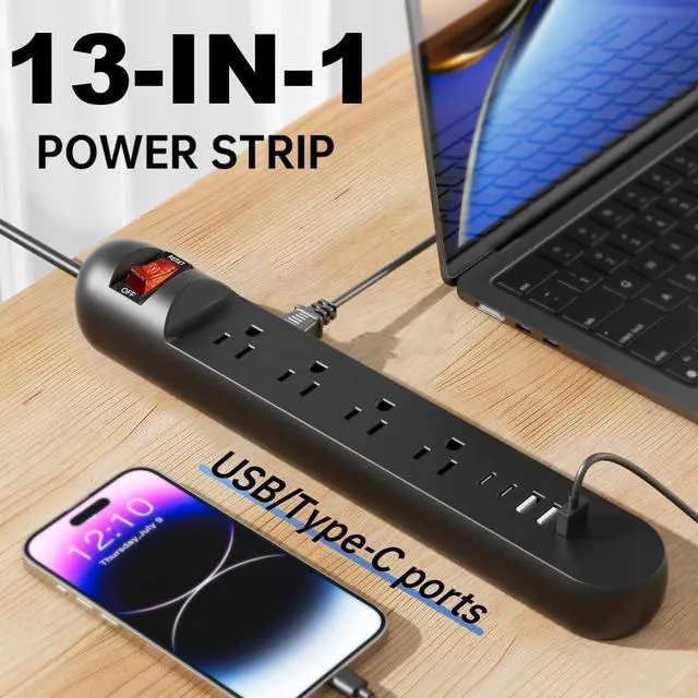 Alt view image 4 of 5 - Tepongofa Power Strip 5FT/10 FT, 13-in-1 Red Switch Power Strip with 8 Outlets 3 USB Ports(2 USB C), Side Plug Design, One-Key Mains Switch,Wall Mount for Home Office, White/Black (Black, 10FT)