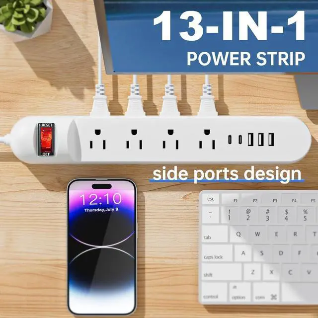 Alt view image 4 of 6 - Tepongofa Power Strip 5FT/10 FT, 13-in-1 Red Switch Power Strip with 8 Outlets 3 USB Ports(2 USB C), Side Plug Design, One-Key Mains Switch,Wall Mount for Home Office, White/Black (White, 10FT)