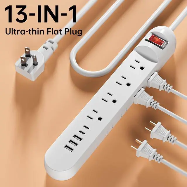 Alt view image 2 of 6 - Tepongofa Power Strip 5FT/10 FT, 13-in-1 Red Switch Power Strip with 8 Outlets 3 USB Ports(2 USB C), Side Plug Design, One-Key Mains Switch,Wall Mount for Home Office, White/Black (White, 10FT)