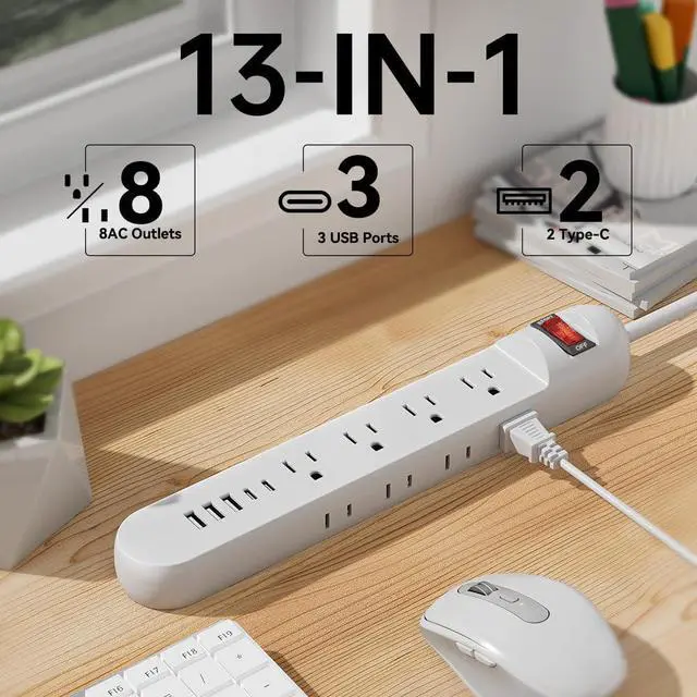 Alt view image 3 of 6 - Tepongofa Power Strip 5FT/10 FT, 13-in-1 Red Switch Power Strip with 8 Outlets 3 USB Ports(2 USB C), Side Plug Design, One-Key Mains Switch,Wall Mount for Home Office, White/Black (White, 10FT)
