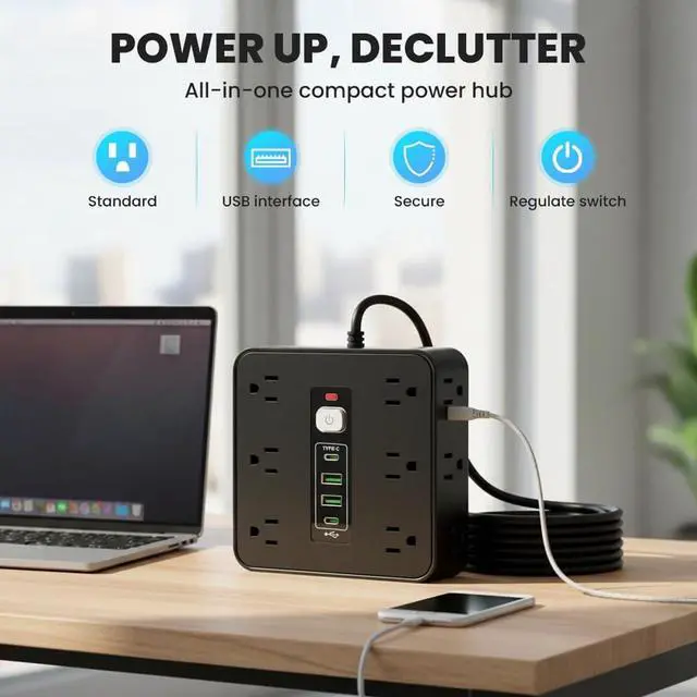 Alt view image 3 of 6 - 16-in-1 Power Strip with Switch & Surge Protection, 16 in 1 Power Strip Surge Protector, 12 AC Outlets & 2 USB-C, 2 USB-A, 6.6FT Extension Cord with Overload Protection (White)