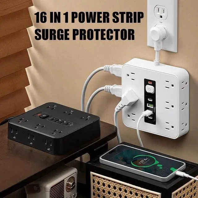 Alt view image 2 of 6 - 16-in-1 Power Strip with Switch & Surge Protection, 16 in 1 Power Strip Surge Protector, 12 AC Outlets & 2 USB-C, 2 USB-A, 6.6FT Extension Cord with Overload Protection (White)