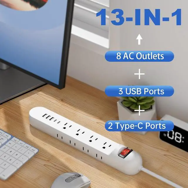 Alt view image 6 of 6 - Tepongofa Power Strip 5FT/10 FT, 13-in-1 Red Switch Power Strip with 8 Outlets 3 USB Ports(2 USB C), Side Plug Design, One-Key Mains Switch,Wall Mount for Home Office, White/Black (White, 5FT)