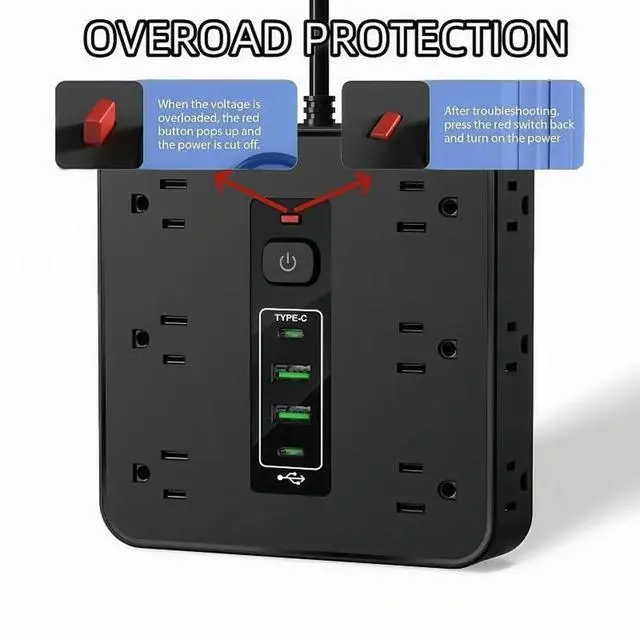 Alt view image 5 of 6 - 16-in-1 Power Strip with Switch & Surge Protection, 16 in 1 Power Strip Surge Protector, 12 AC Outlets & 2 USB-C, 2 USB-A, 6.6FT Extension Cord with Overload Protection (White)
