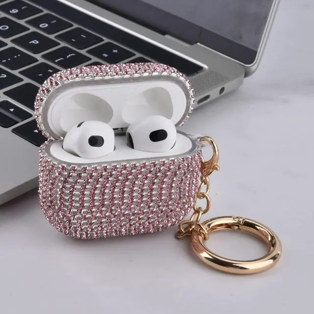 Alt view image 4 of 5 - Case for Airpods 3rd Generation Case Sparkly Diamond Airpod 3 Case with Keychain TPU Shockproof Protective Premium Bling Rhinestone Cover Skin for AirPods 3 Charging Case, Pink
