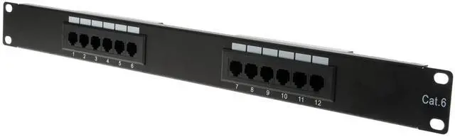 Main image of 12 Port Cat6 Patch Panel, 19" Horizontal Rackmount or Wall Mount Panel, RJ45 Ethernet 110 Type, 568A/568B Compatible, 1U, Black