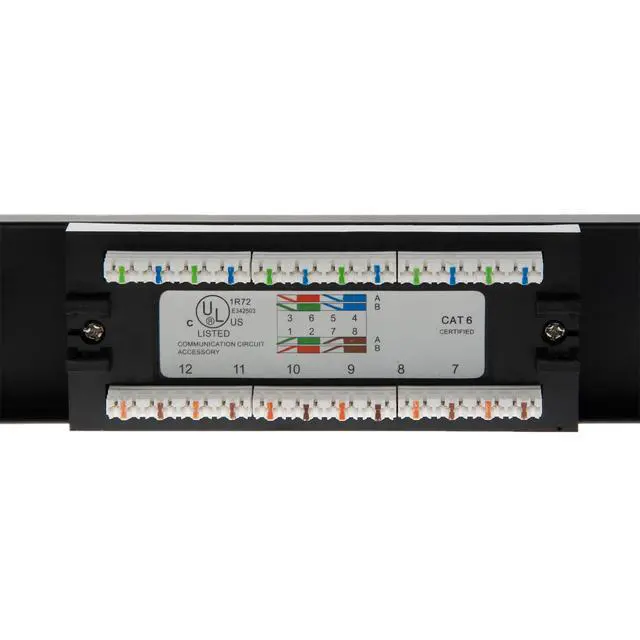 Alt view image 6 of 6 - 12 Port Cat6 Patch Panel, 19" Horizontal Rackmount or Wall Mount Panel, RJ45 Ethernet 110 Type, 568A/568B Compatible, 1U, Black