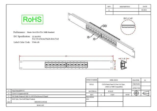 Alt view image 2 of 2 - 48 Port Cat6 Patch Panel, 19" Horizontal Rackmount or Wall Mount Panel, RJ45 Ethernet 110 Type, 568A/568B Compatible, 2U, Black