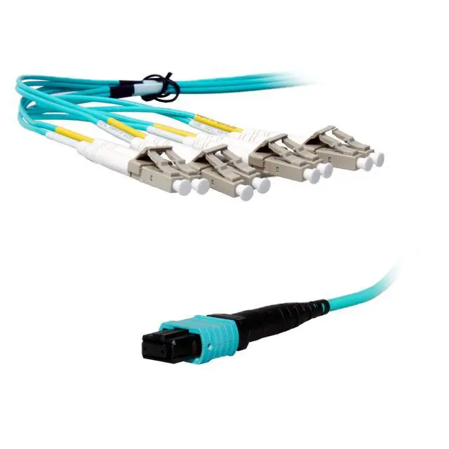 Alt view image 2 of 2 - 40/100 Gb MTP to 4 Duplex LC Breakout Cable, OM4 50/125, Plenum Rated - Aqua Blue, 16.5 FT (5 Meters)