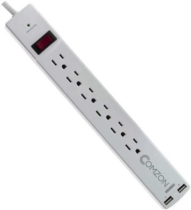 Main image of Surge Protector 6 Outlets Power Strip with 2 USB Ports, 2.4A, 360 Degree Flat Rotating Plug, EMI/RFI Noise Filter, White, 6 Foot Power Cord