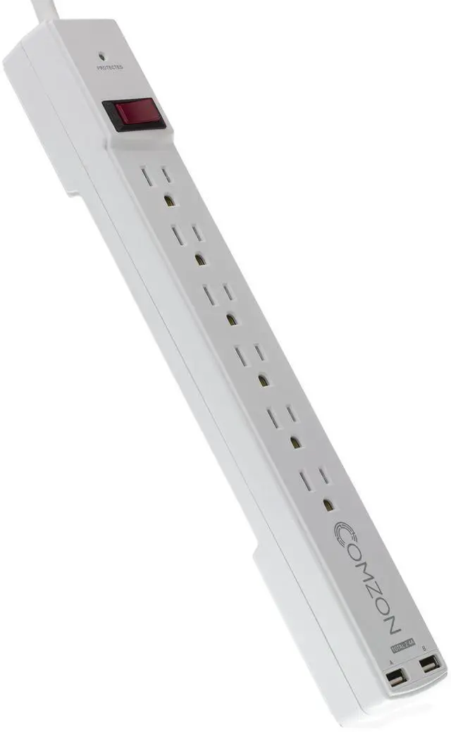 Alt view image 4 of 7 - Surge Protector 6 Outlets Power Strip with 2 USB Ports, 2.4A, 360 Degree Flat Rotating Plug, EMI/RFI Noise Filter, White, 6 Foot Power Cord