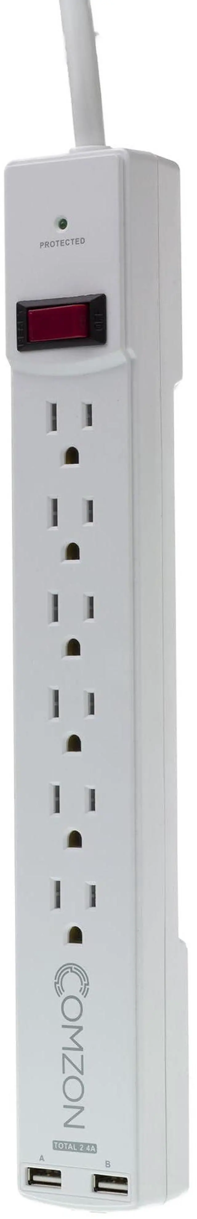Alt view image 6 of 7 - Surge Protector 6 Outlets Power Strip with 2 USB Ports, 2.4A, 360 Degree Flat Rotating Plug, EMI/RFI Noise Filter, White, 6 Foot Power Cord