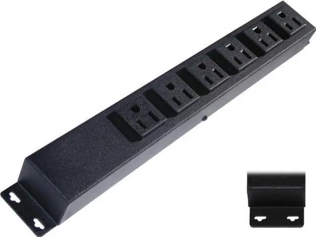 Main image of 12" Hardwired Power Strip (NO Power Cord), 6 Horizontal Outlets (NOT Tamper Resistant), with Ears (with mounting tabs on Both Ends), 15A (NOT a 20 Amp Unit), Black