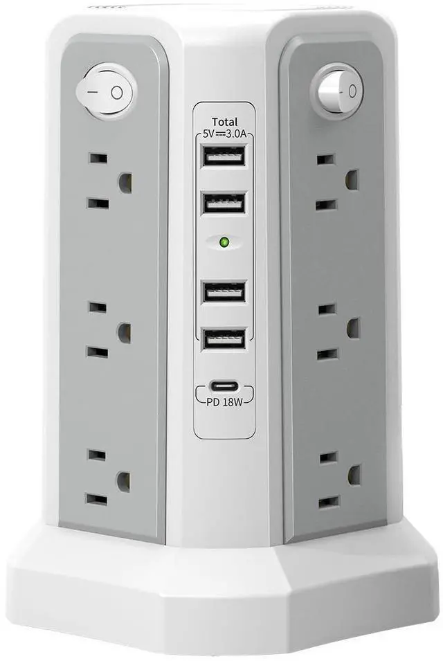 Main image of Surge Protector Power Strip 10.02 FT Cord, Power Strip Tower with 5 UsBPorts (1USB C/ PD18W) Fast Charging, Extension Cord with 12 Ac Multiple QutletsHome Office Supplies Desk Accessories