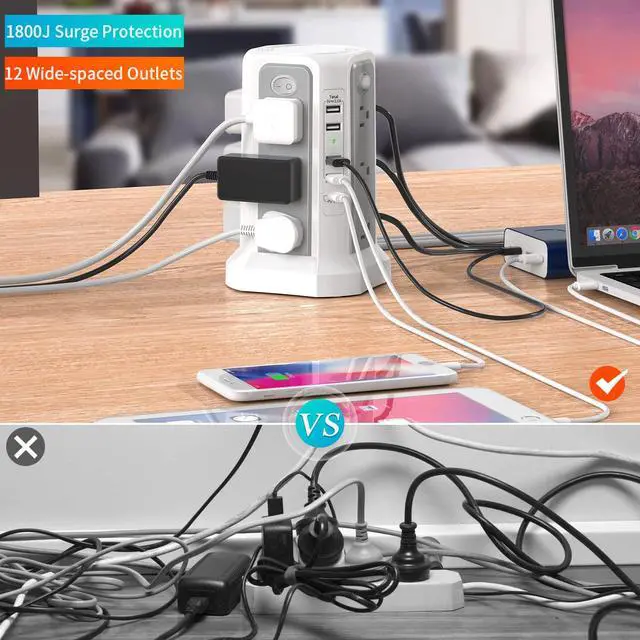 Alt view image 3 of 7 - Surge Protector Power Strip 10.02 FT Cord, Power Strip Tower with 5 UsBPorts (1USB C/ PD18W) Fast Charging, Extension Cord with 12 Ac Multiple QutletsHome Office Supplies Desk Accessories