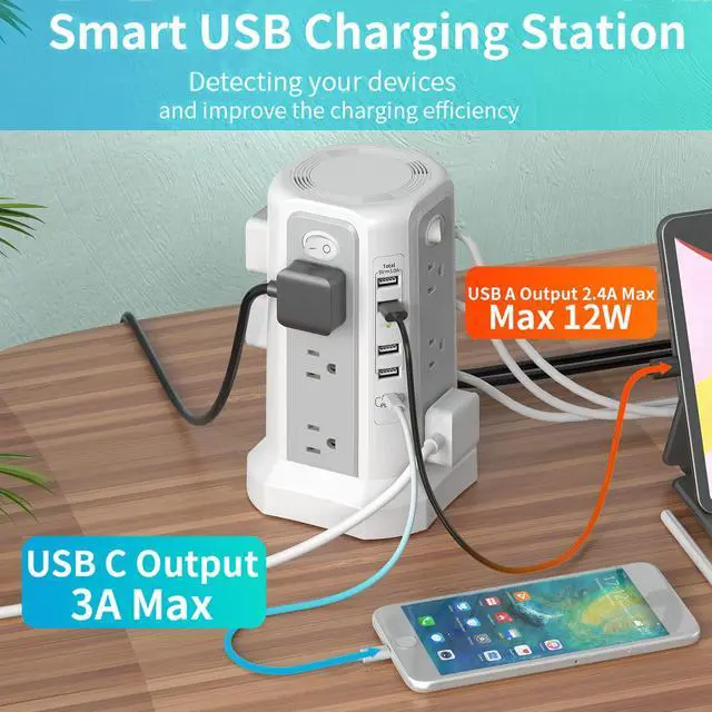 Alt view image 4 of 7 - Surge Protector Power Strip 10.02 FT Cord, Power Strip Tower with 5 UsBPorts (1USB C/ PD18W) Fast Charging, Extension Cord with 12 Ac Multiple QutletsHome Office Supplies Desk Accessories