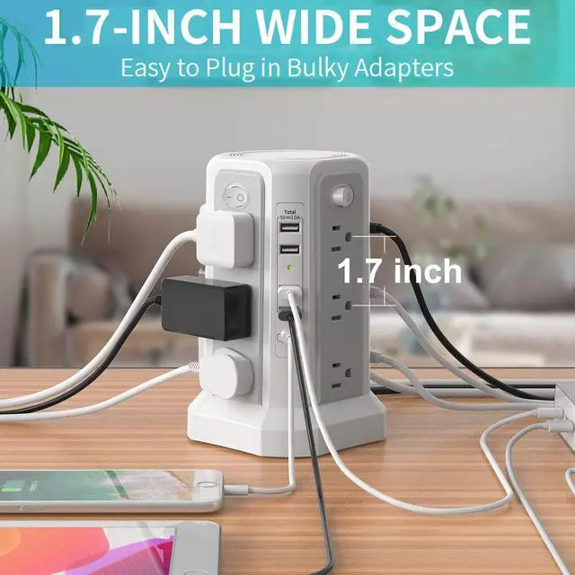 Alt view image 6 of 7 - Surge Protector Power Strip 10.02 FT Cord, Power Strip Tower with 5 UsBPorts (1USB C/ PD18W) Fast Charging, Extension Cord with 12 Ac Multiple QutletsHome Office Supplies Desk Accessories