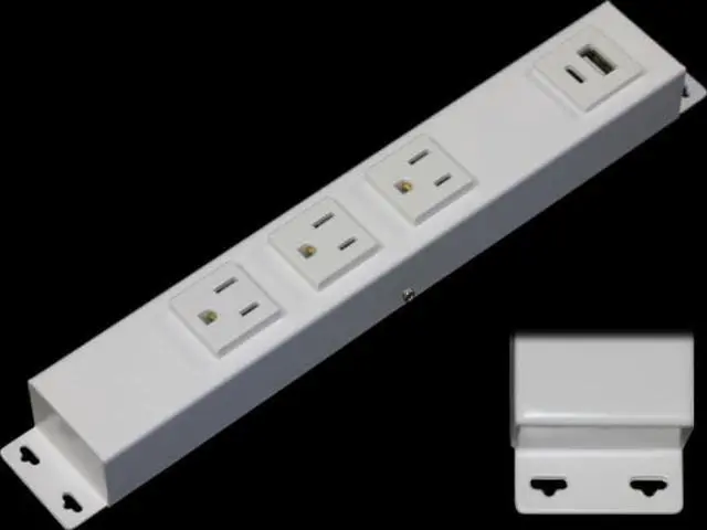 Main image of 10 Hardwired Power Strip (NO Power Cord), 3 Vertical Outlets (NOT Tamper Resistant) with Ears (with mounting tabs on Both Ends), USB A+C, 15A (NOT a 20 Amp Unit), White