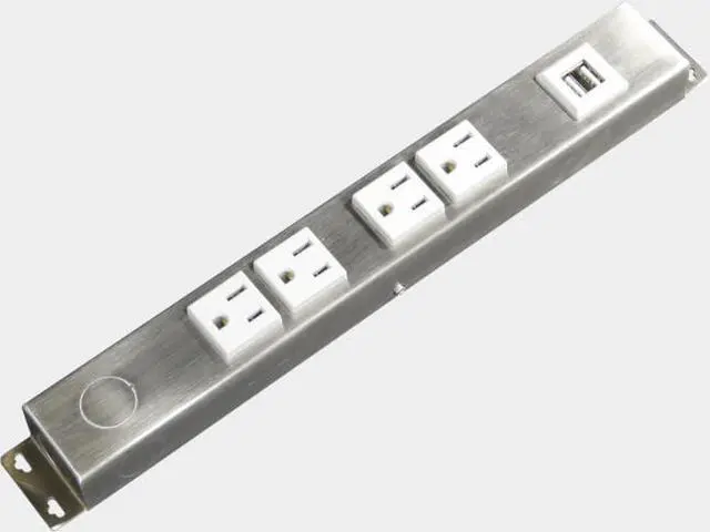 Main image of 12 Stainless Steel Hardwired Power Strip (NO Power Cord), 4 Vertical Outlets (NOT Tamper Resistant), with Ears (with mounting tabs on Both Ends), 15A (NOT a 20 Amp Unit), with USB