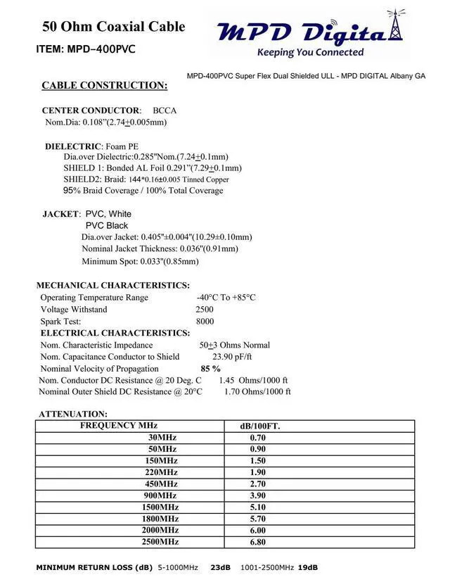 Alt view image 2 of 3 - MPD Digital MPD-400 Black Super Flex Dual Shielded 50 ohm ULL RF Coax Scanner Ham CB Antenna Cable with PL-259 UHF Male Connectors, (75ft)