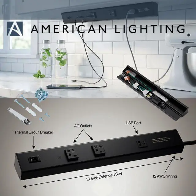 Alt view image 3 of 7 - Atom Power Strip 18 Inch 120V Low Profile with 2 Tamper Resistant Receptacles USB-A USB-C Hardwired Under Cabinet Black Finish Indoor Use ATOM-120V-18-BK