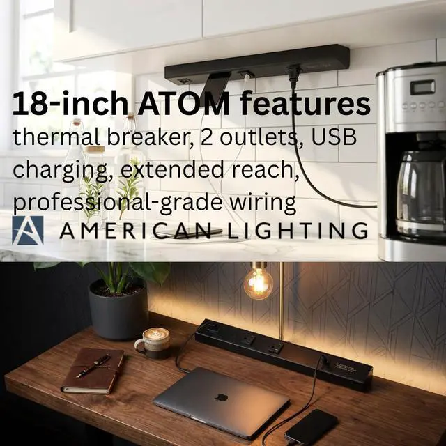 Alt view image 4 of 7 - Atom Power Strip 18 Inch 120V Low Profile with 2 Tamper Resistant Receptacles USB-A USB-C Hardwired Under Cabinet Black Finish Indoor Use ATOM-120V-18-BK