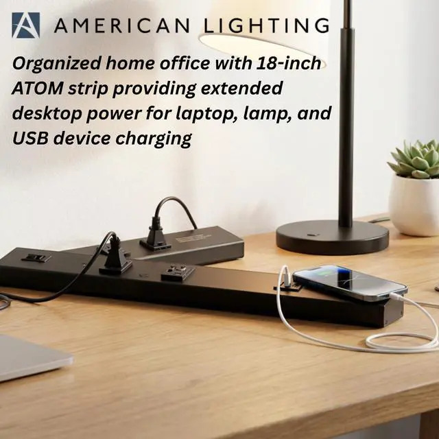Alt view image 6 of 7 - Atom Power Strip 18 Inch 120V Low Profile with 2 Tamper Resistant Receptacles USB-A USB-C Hardwired Under Cabinet Black Finish Indoor Use ATOM-120V-18-BK