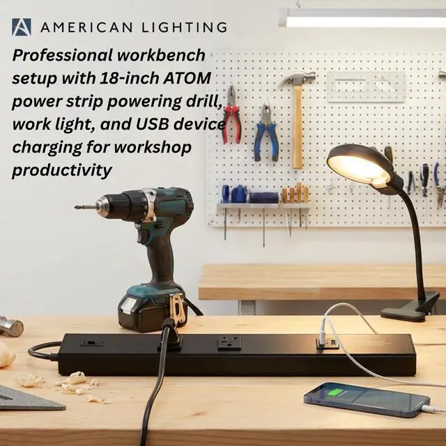 Alt view image 7 of 7 - Atom Power Strip 18 Inch 120V Low Profile with 2 Tamper Resistant Receptacles USB-A USB-C Hardwired Under Cabinet Black Finish Indoor Use ATOM-120V-18-BK