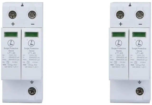 Main image of Voltage Arrester Device, 2 Pack 2P Guide Rail Mounting 40KA Surging Protective Device DC Photovoltaic Protector Low Voltage Arrester for Home Commercial Lighting Protect