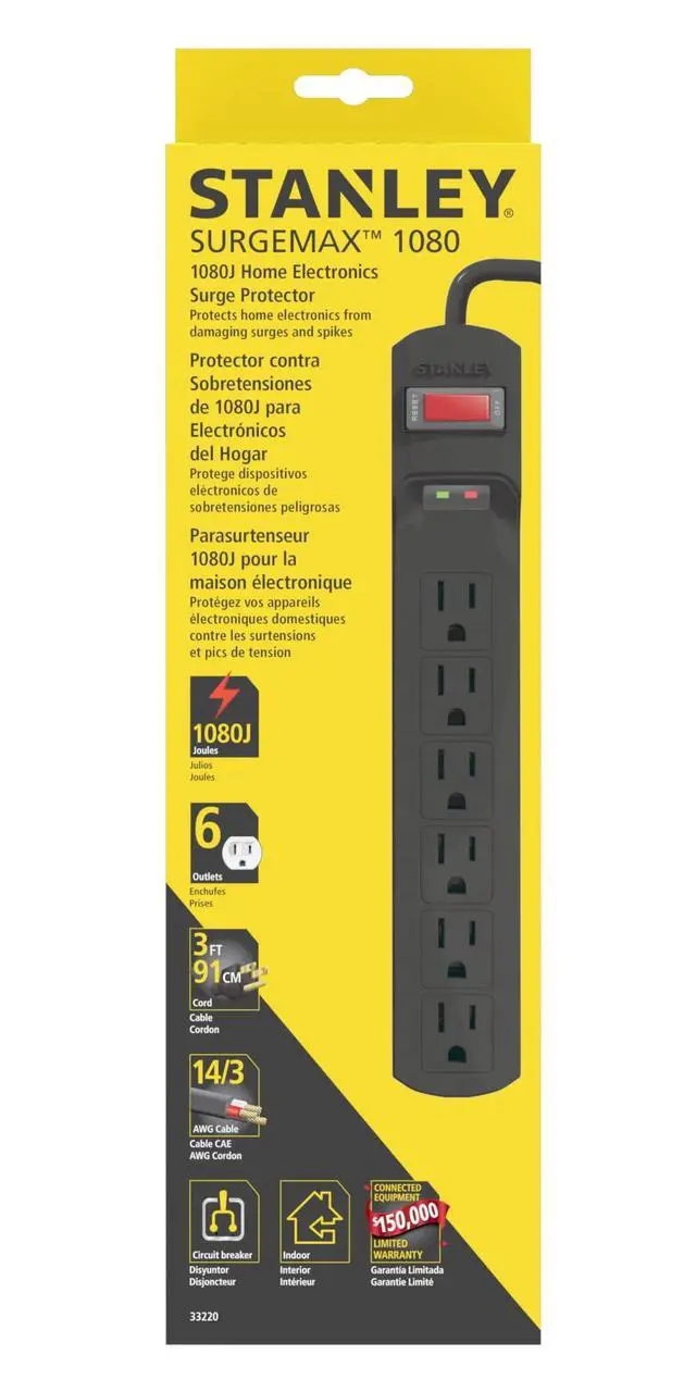 Alt view image 3 of 3 - Indoor Surge Protector Power Strip with 6 Outlets 1080 Joules 3 Ft 14/3 AWG Extension Cord 125V/15A 1875W Circuit Breaker ETL Listed Black Cable for Home Office Use