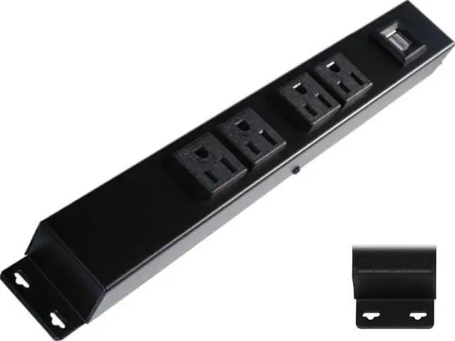 Main image of 12" Hardwired Power Strip (NO Power Cord), 4 Horizontal Outlets (NOT Tamper Resistant), with Ears (with mounting tabs on Both Ends), 15A (NOT a 20 Amp Unit), with USB, Black