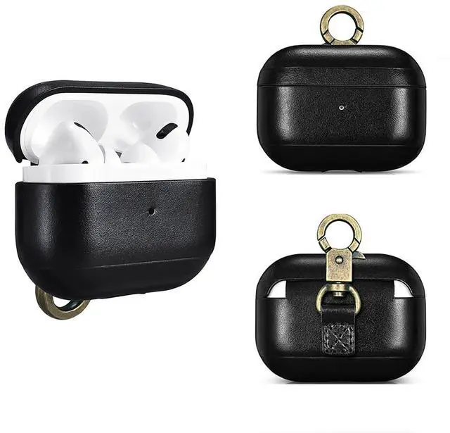 Main image of Leather Handmade Case Compatible with AirPods Pro 1&2 | Genuine Leather Case with Strap | Shockproof | Compatible with MagSafe & Wireless Chargers Black