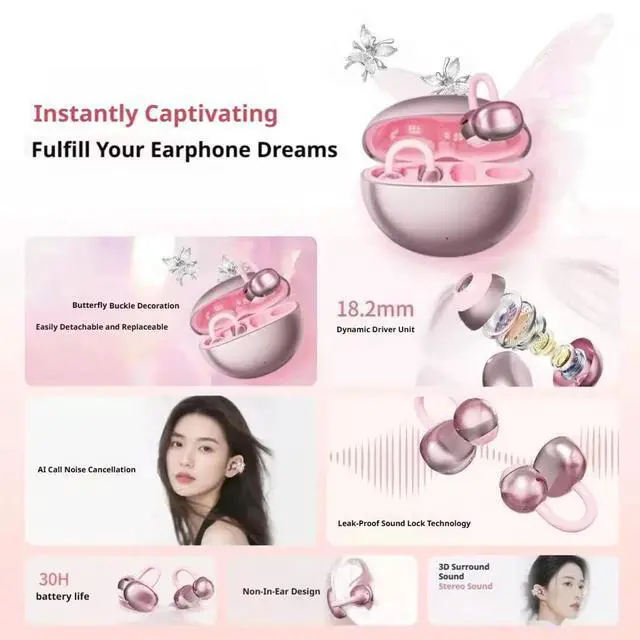 Alt view image 7 of 7 - Open Ear Clip Earbuds Bluetooth 5.3, 18.2mm Dynamic Driver Wireless Headphones with AI Noise Cancelling Mic, Detachable Rhinestone Decor, 30H Playtime, for Running Workout Office