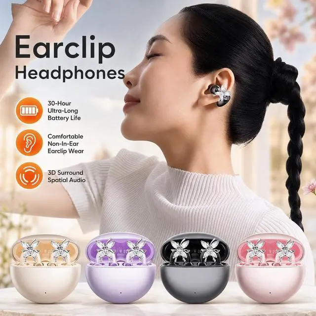 Alt view image 2 of 7 - Open Ear Clip Earbuds Bluetooth 5.3, 18.2mm Dynamic Driver Wireless Headphones with AI Noise Cancelling Mic, Detachable Rhinestone Decor, 30H Playtime, for Running Workout Office