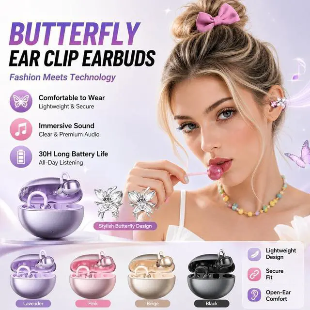 Alt view image 3 of 7 - Open Ear Clip Earbuds Bluetooth 5.3, 18.2mm Dynamic Driver Wireless Headphones with AI Noise Cancelling Mic, Detachable Rhinestone Decor, 30H Playtime, for Running Workout Office