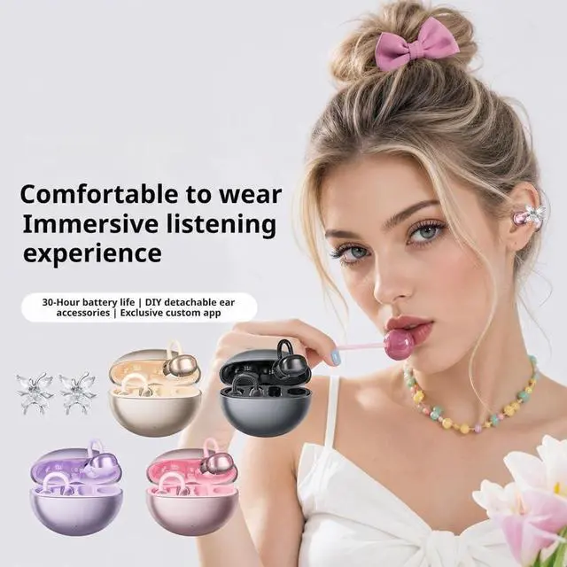 Alt view image 5 of 7 - Open Ear Clip Earbuds Bluetooth 5.3, 18.2mm Dynamic Driver Wireless Headphones with AI Noise Cancelling Mic, Detachable Rhinestone Decor, 30H Playtime, for Running Workout Office