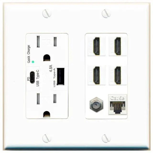 Main image of USB Charger Outlet 15A/125V USB A/USB-C Ports 4 HDMI 1 Cat5e Ethernet 1 Coax Cable Decorz White Wall Plate