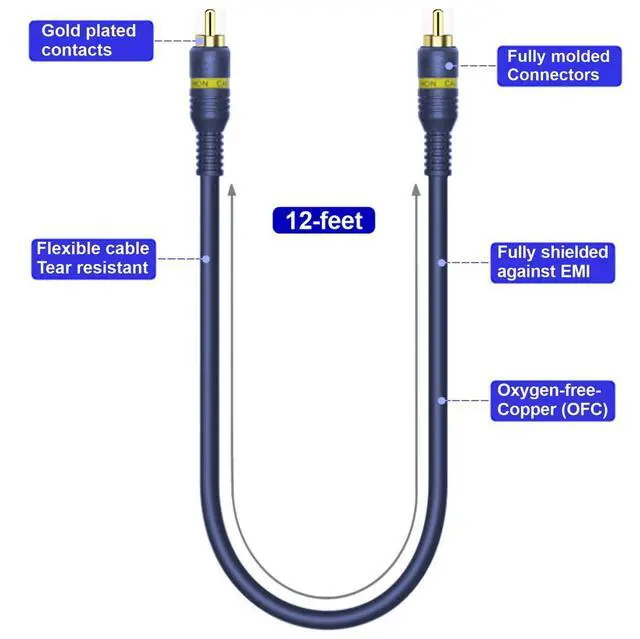 Alt view image 4 of 6 - RCA Cable, 12ft,1-RCA Male to 1-RCA Male, Shielded, Gold-Plated Connectors, for Speakers/Subwoofers, Amplifiers, Home Theater Receivers, HDTV, Hi-Fi Systems, etc (2-Pack)