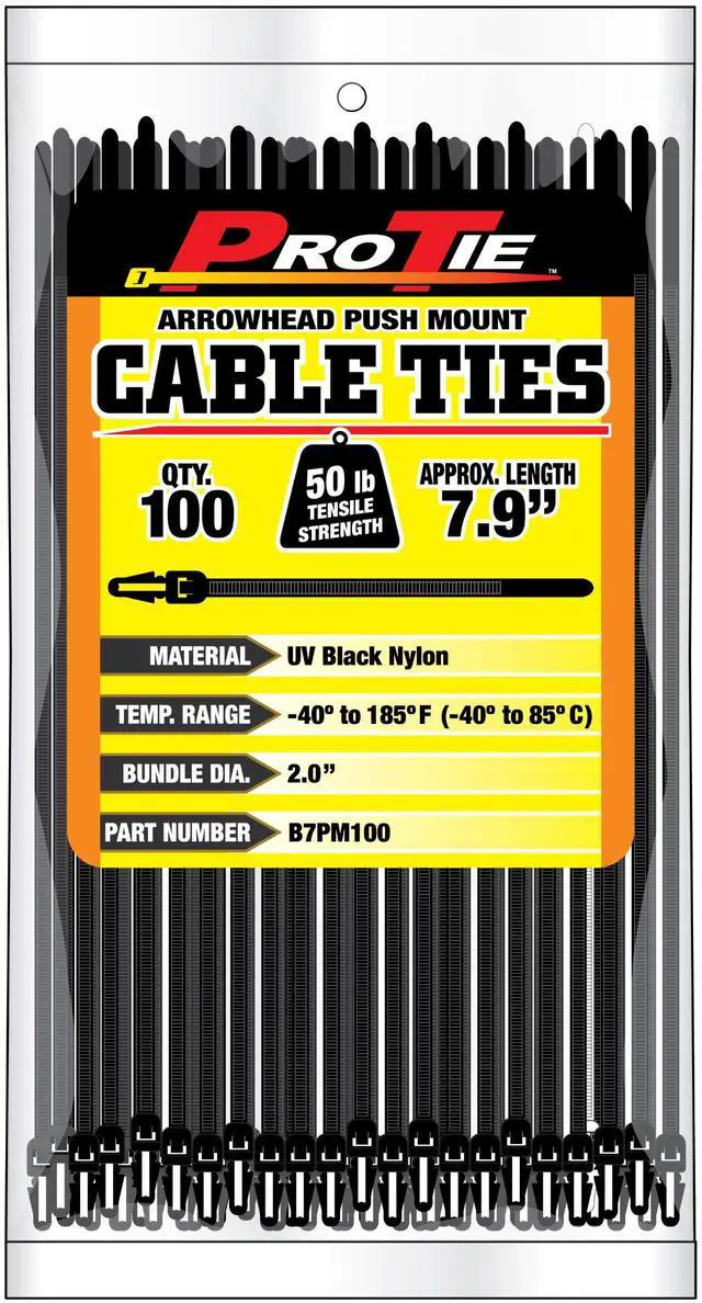 Main image of Pro Tie Arrowhead Push Mount Nylon Cable Ties for Indoor and Outdoor Use |7.9-Inch, 50 lbs. Tensile Strength, UV Black Nylon, 100-Pack (PN: B7PM100)
