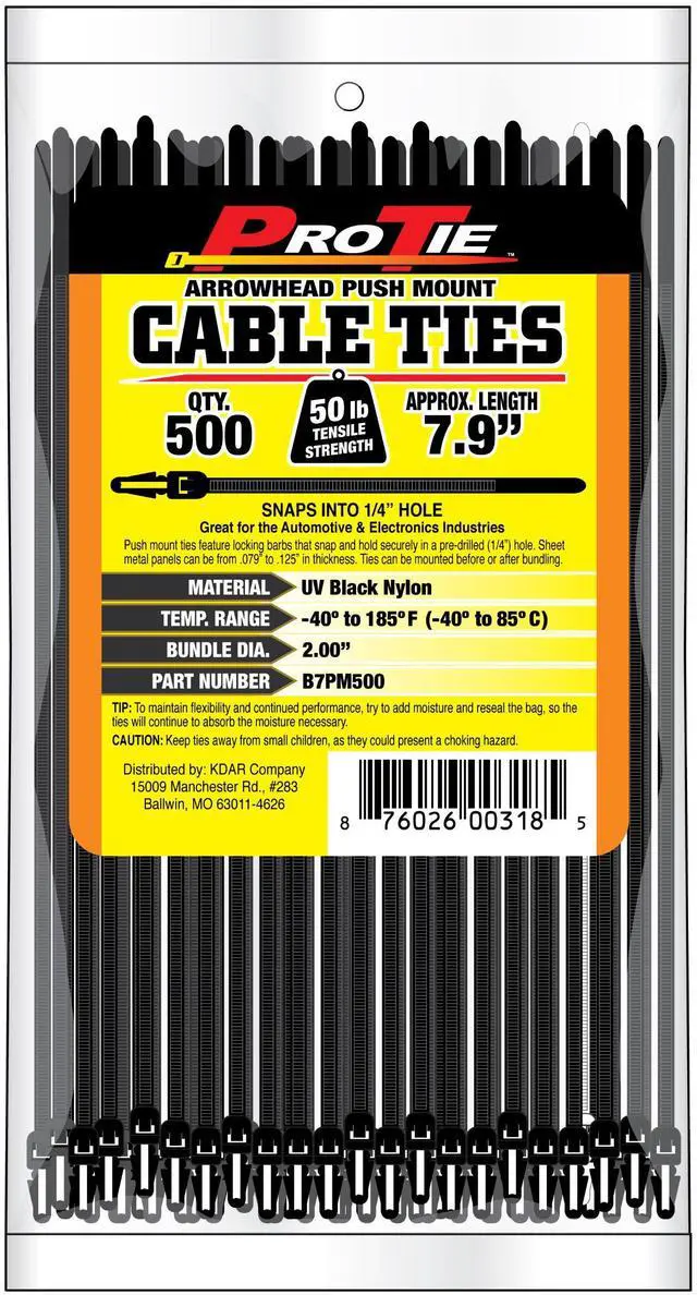Main image of Pro Tie Arrowhead Push Mount Nylon Cable Ties for Indoor and Outdoor Use |7.9-Inch, 50 lbs. Tensile Strength, UV Black Nylon, 500-Pack (PN: B7PM500)