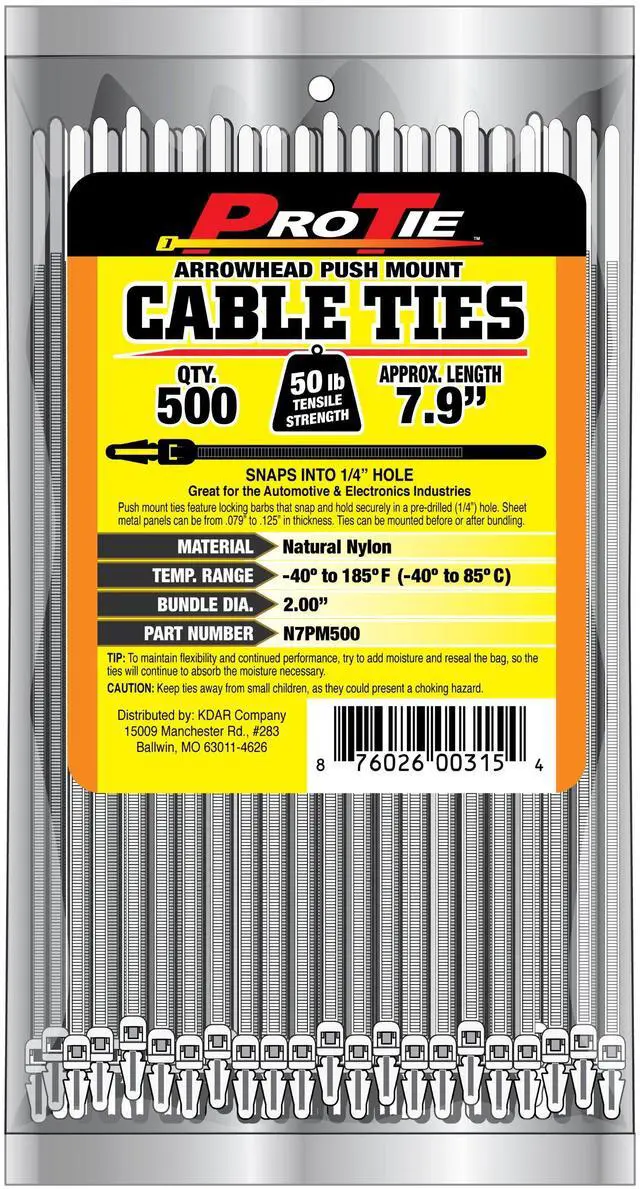 Main image of Pro Tie Arrowhead Push Mount Nylon Cable Ties for Indoor and Outdoor Use |7.9-Inch, 50 lbs. Tensile Strength, Natural Nylon, 500-Pack (PN: N7PM500)