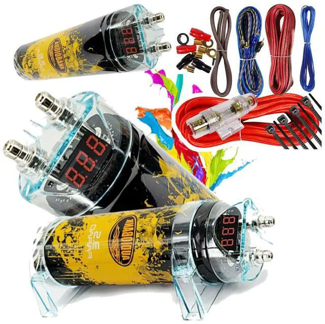 Main image of 3.5 Farad Capacitor Car Audio 3500 Watts Power 12V Car Digital Power 3 Digit Display and Complete 1500 Watts 8 Gauge Car Amplifier Installation Wiring Kit Red