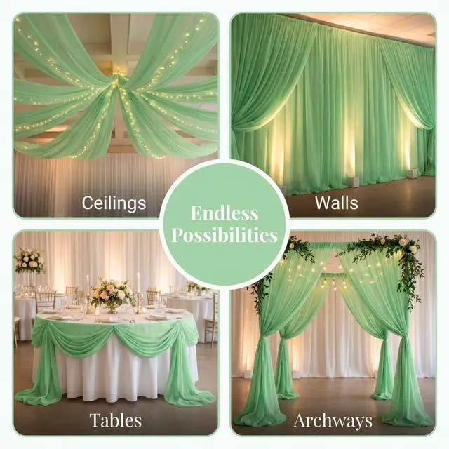 Alt view image 3 of 7 - Light Green Sage Gossamer Fabric Roll, 59 Inches x 50 Yards, Sheer Nonwoven Material for Wedding Decorations, Baby Shower, Gender Reveal, Prom, Homecoming, Event Photo Backdrops, Drapes