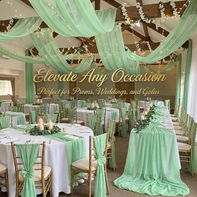 Alt view image 5 of 7 - Light Green Sage Gossamer Fabric Roll, 59 Inches x 50 Yards, Sheer Nonwoven Material for Wedding Decorations, Baby Shower, Gender Reveal, Prom, Homecoming, Event Photo Backdrops, Drapes
