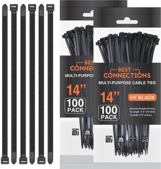 Alt view image 2 of 7 - Black Cable Ties 200 Pack Cable Zip Ties 14 Inch Multi-Purpose Self-Locking Nylon Wire Ties with 50 Lbs Tensile Strength Cable Management Ties for Outdoor & Indoor