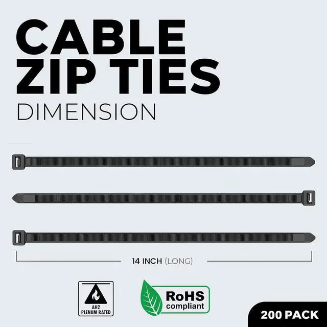 Alt view image 3 of 7 - Black Cable Ties 200 Pack Cable Zip Ties 14 Inch Multi-Purpose Self-Locking Nylon Wire Ties with 50 Lbs Tensile Strength Cable Management Ties for Outdoor & Indoor