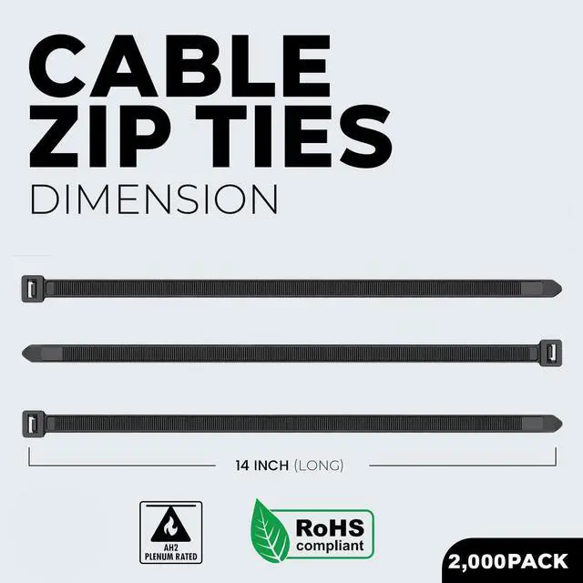 Alt view image 2 of 6 - Black Zip Ties 14 Inch 2000 Pack - Self-Locking Nylon Cable Ties 120 Lbs - Heavy Duty Wire Ties for Cable Management - Indoor & Outdoor