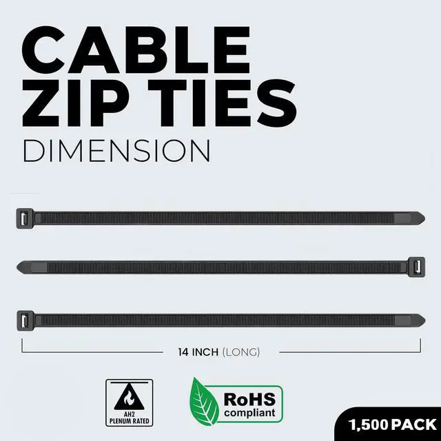 Alt view image 2 of 6 - Black Zip Ties 14 Inch 1500 Pack - Self-Locking Nylon Cable Ties 120 Lbs - Heavy Duty Wire Ties for Cable Management - Indoor & Outdoor